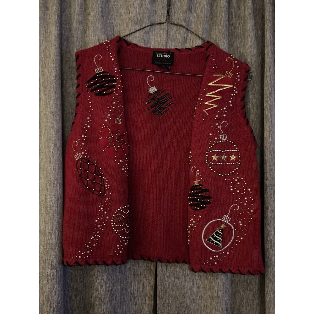 Studio Red Knit Beaded Embroidered Christmas Ornament Sweater Vest P/M
